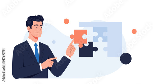 Businessman assembling puzzle pieces, strategy and problem solving concept