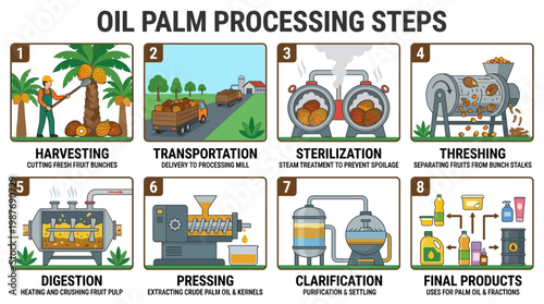 Detailed infographic chart illustrating the eight sequential steps of industrial oil palm fruit processing from raw harvesting to final product packaging