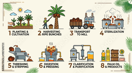 Visual infographic detailing the eight crucial stages of palm oil production from cultivation to final product and fuel creation