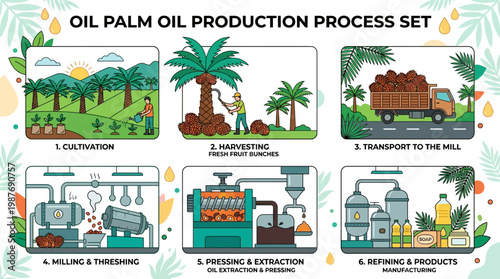 Informative vector illustration showing the sequential six step industrial manufacturing process of palm oil production from cultivation to final products