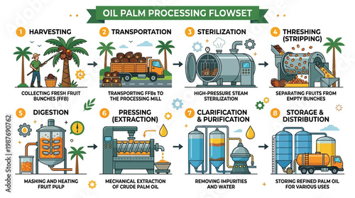 Palm oil production process steps illustrated harvesting to distribution