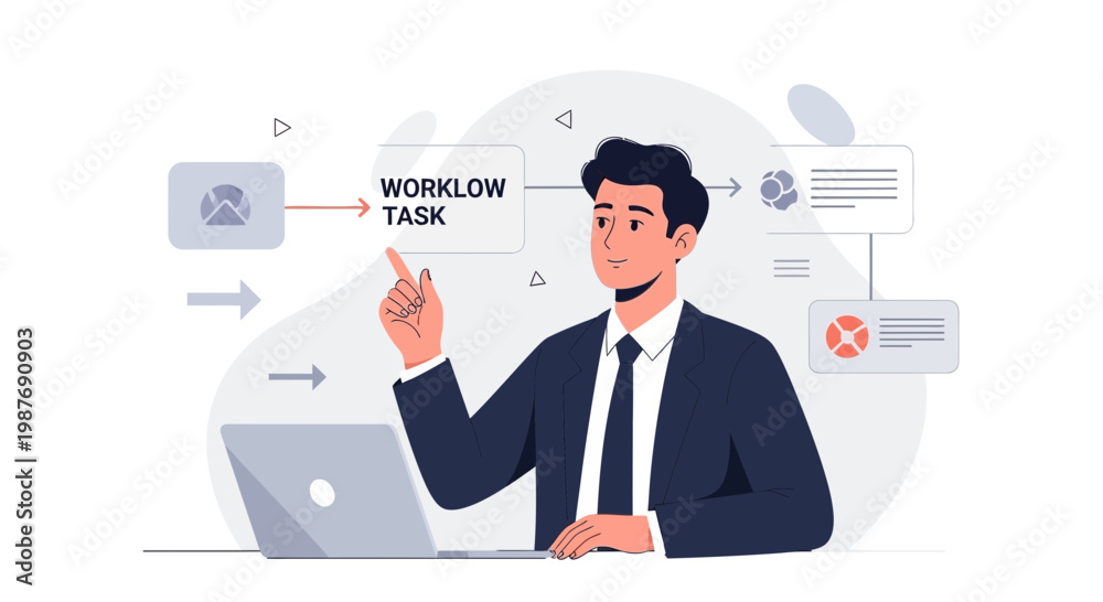 Fototapeta premium Businessman pointing at workflow task on laptop, business process concept