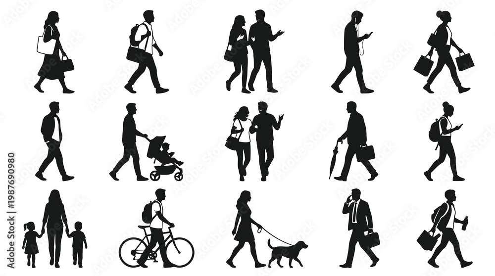 Fototapeta premium Diverse People Walking Silhouettes Vector Set - Urban Life Daily Activities