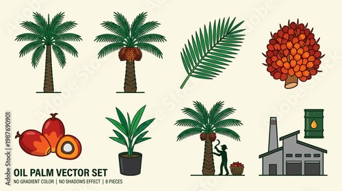 An essential vector illustration collection showcasing oil palm trees, fronds, various ripe fruits, harvesting process, factory, and oil barrel.