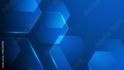 Clean blue abstract background with overlapping hexagonal shapes and bright glowing light effects for modern business design
