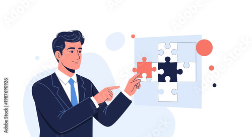 Businessman solving a jigsaw puzzle, teamwork and strategy concept