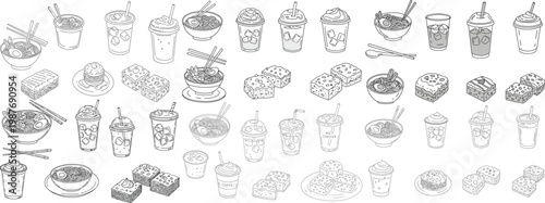 A detailed illustration of various beverages and dishes, showcasing diverse culinary delights in a monochrome style.