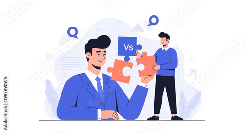 Businessmen assembling puzzle pieces, representing strategy, teamwork, and problem-solving