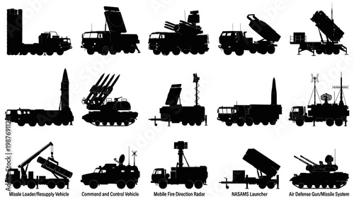 Military Defense Missile Systems, Launchers, Radar  Command Vehicles Silhouette Vector Icons