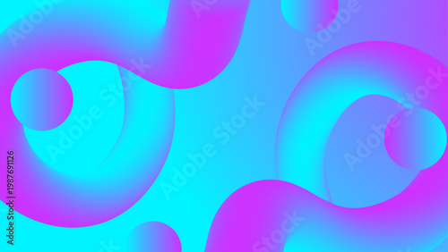 Modern 3D abstract background featuring fluid wavy shapes and floating spheres on a vibrant cyan and purple gradient background