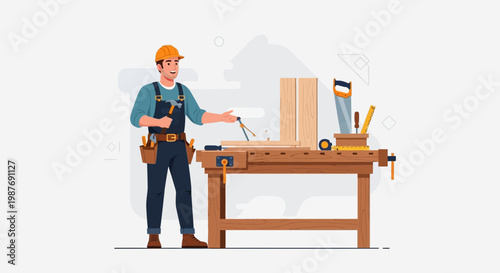 Carpenter working on a workbench with tools and wood, illustration