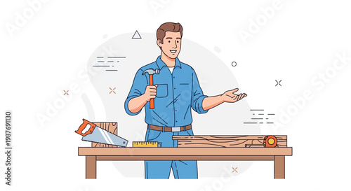 Carpenter holding hammer at workbench with tools and wood