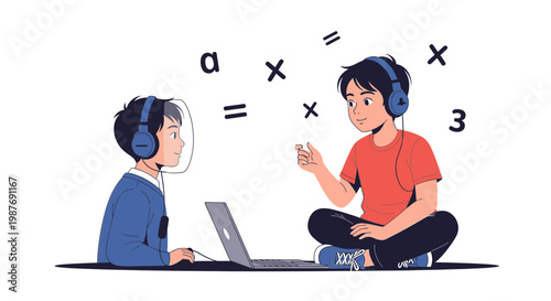 Children learning math online with headphones and laptop
