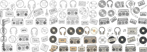 An artistic arrangement of retro music equipment, including cassette tapes, vinyl records, and headphones.