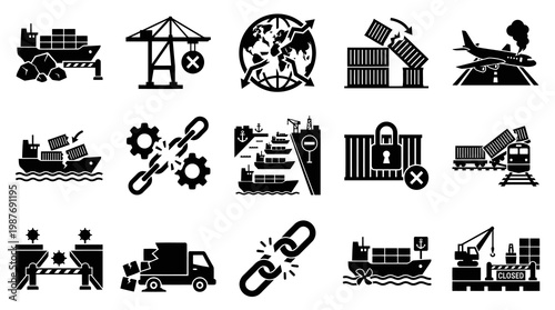Supply Chain Disruption Icons: Shipping, Logistics, and Global Trade Problems