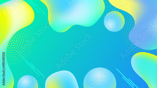 Fresh cyan and lime yellow fluid shapes with floating bubbles and dot patterns for a clean and refreshing design