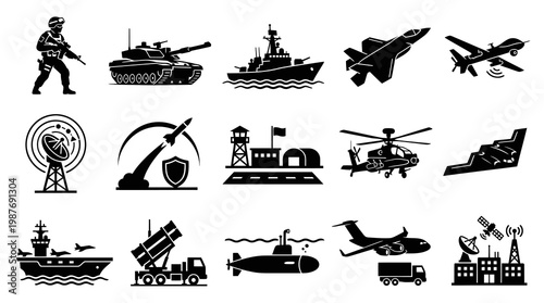 Military Icons: Army Soldier, Tank, Jet, Helicopter, Ship, Submarine, Drone
