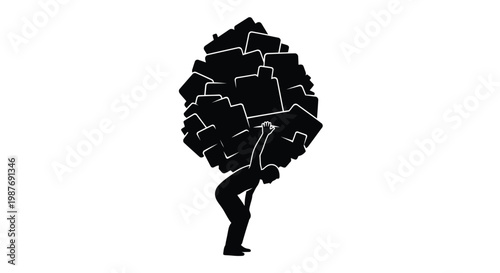 Vector graphic illustration showing a silhouetted man carrying a massive heavy load of rectangular boxes representing the burdensome nature of work tasks and daily responsibilities
