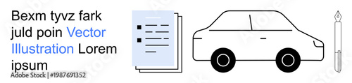 Business solutions, automotive topics, creativity, practical tools, productivity, and communication. A car, documents pen and text in a minimalist layout. Business solutions and automotive concept