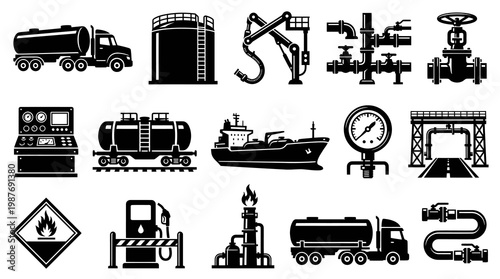 Oil and Gas Industry Icons: Trucks, Tanks, Pipes, Ship, Gauge, Refinery, Crane