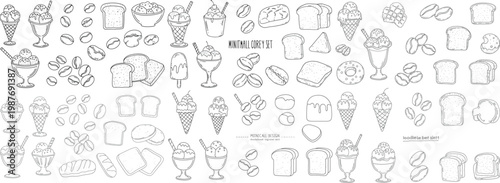 A delightful collection of hand-drawn food illustrations featuring ice cream, coffee, and bread.