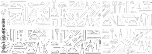 A detailed arrangement of various stationery tools and drawing instruments in black and white.