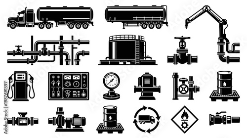 Oil and Gas Industry Glyph Icons Set. Petroleum, Fuel, Energy, Logistics, Transportation Vector.