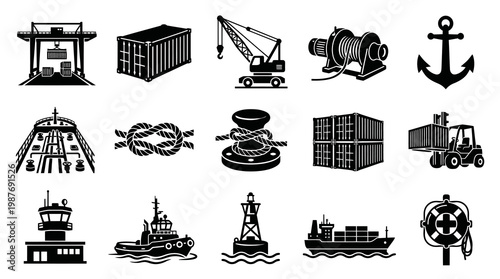 Black and White Icons: Nautical and Port Equipment Vector Set