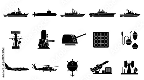 Naval Military Black Silhouette Icons Set: Warships, Submarine, Aircraft, Weapons, Defense Equipment