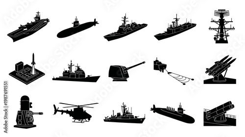 Military Naval Warfare Black  White Silhouettes Icon Set - Ships, Submarines, Radar, Weapons