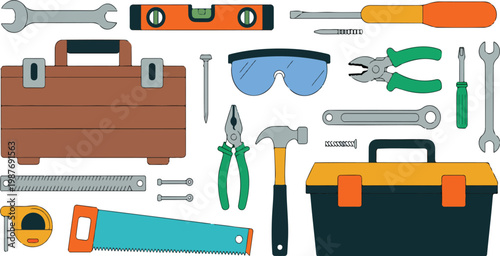 Toolkit items set with hammer, pliers, saw and spanner, construction and home maintenance tools, flat vector illustration isolated on white background