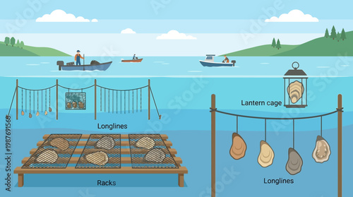 Professional oyster farming techniques featuring various submerged longlines, hanging lantern cages, and wooden racks used for sustainable bivalve mollusk cultivation operations