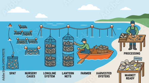 Oyster farming process illustration with farmer harvesting and processing oysters
