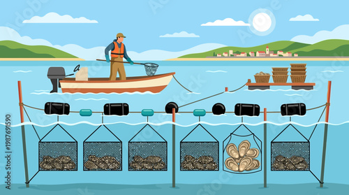 A dedicated oyster farmer carefully manages a thriving marine aquaculture system, cultivating shellfish from a small boat.