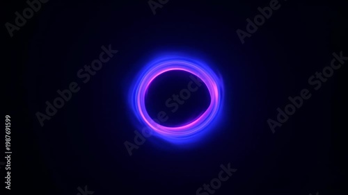 Neon ring glowing circle abstract purple blue light trail on dark background, luminous halo and futuristic design with empty space, minimal searchable SEO title
