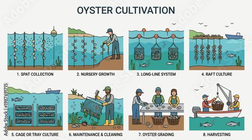 Detailed educational infographic illustration showing the complete lifecycle process and various stages of professional commercial oyster farming and aquaculture cultivation