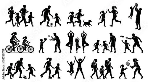 Family Sports, Fitness  Lifestyle Activities - Black  White Silhouette Vector Icons Set