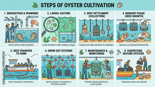 Oyster farming process steps from broodstock to harvesting mature oysters