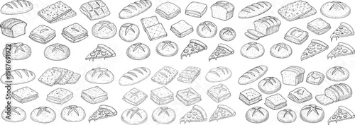 An array of delicious baked goods including bread, pastries, and pizza slices.