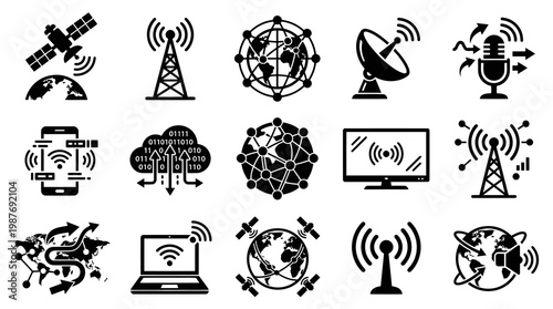 Black  White Technology Communication Network Glyph Icons Set