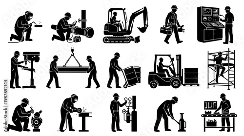 Industrial, Construction  Manufacturing Workers Black  White Glyph Icon Set