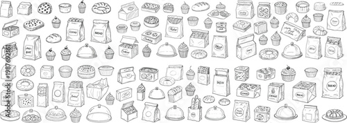 A wide array of hand-drawn baked goods and snacks, showcasing various dessert designs in black and white.