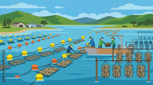 Oyster farmers harvesting oysters in a serene coastal environment with floating cages