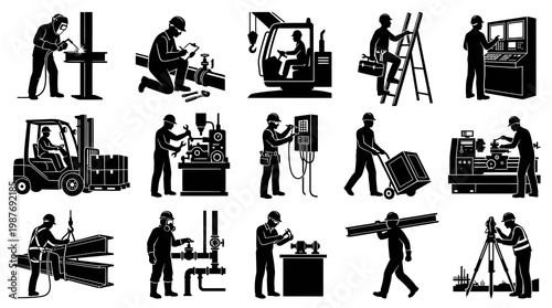 Industrial Workers Glyph Icons Set: Construction, Manufacturing, Engineering Trades.