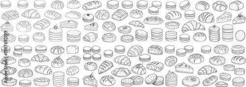 A delightful array of pastries and desserts in intricate sketches, showcasing elegance and variety.