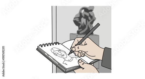 Hands Sketching Portrait in Spiral Notebook Vector Illustration