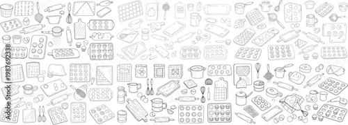 A creative illustration featuring various baking tools and ingredients in a playful design.