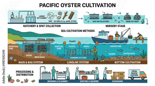 Pacific oyster cultivation process from hatchery to distribution explained