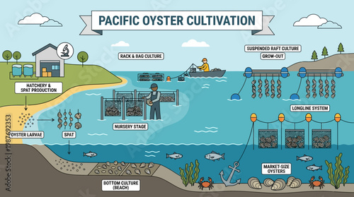 Pacific oyster cultivation process diagram showing hatchery, nursery, rack and bag culture, and suspended raft culture methods for oyster larvae to market-size oysters.