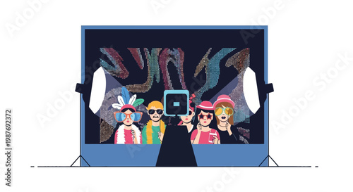 Friends Having Fun with Props in a Photo Booth Illustration